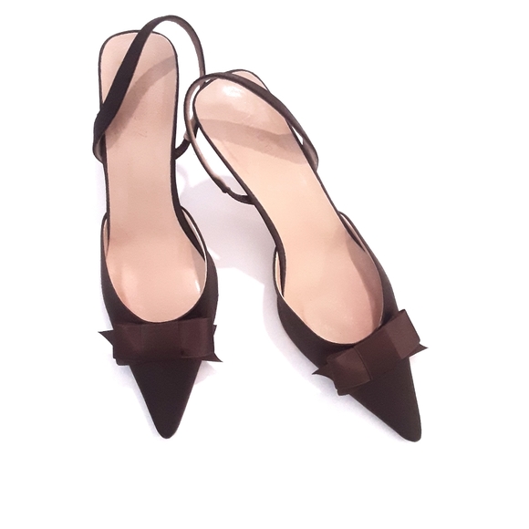 J. Crew Shoes - Sling back heels. Brown satin w/ bow. JCrew.
